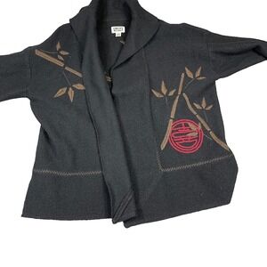 Vintage Chicos Design Wool Cardigan Size 2 M/L Black Oriental Bamboo Plant